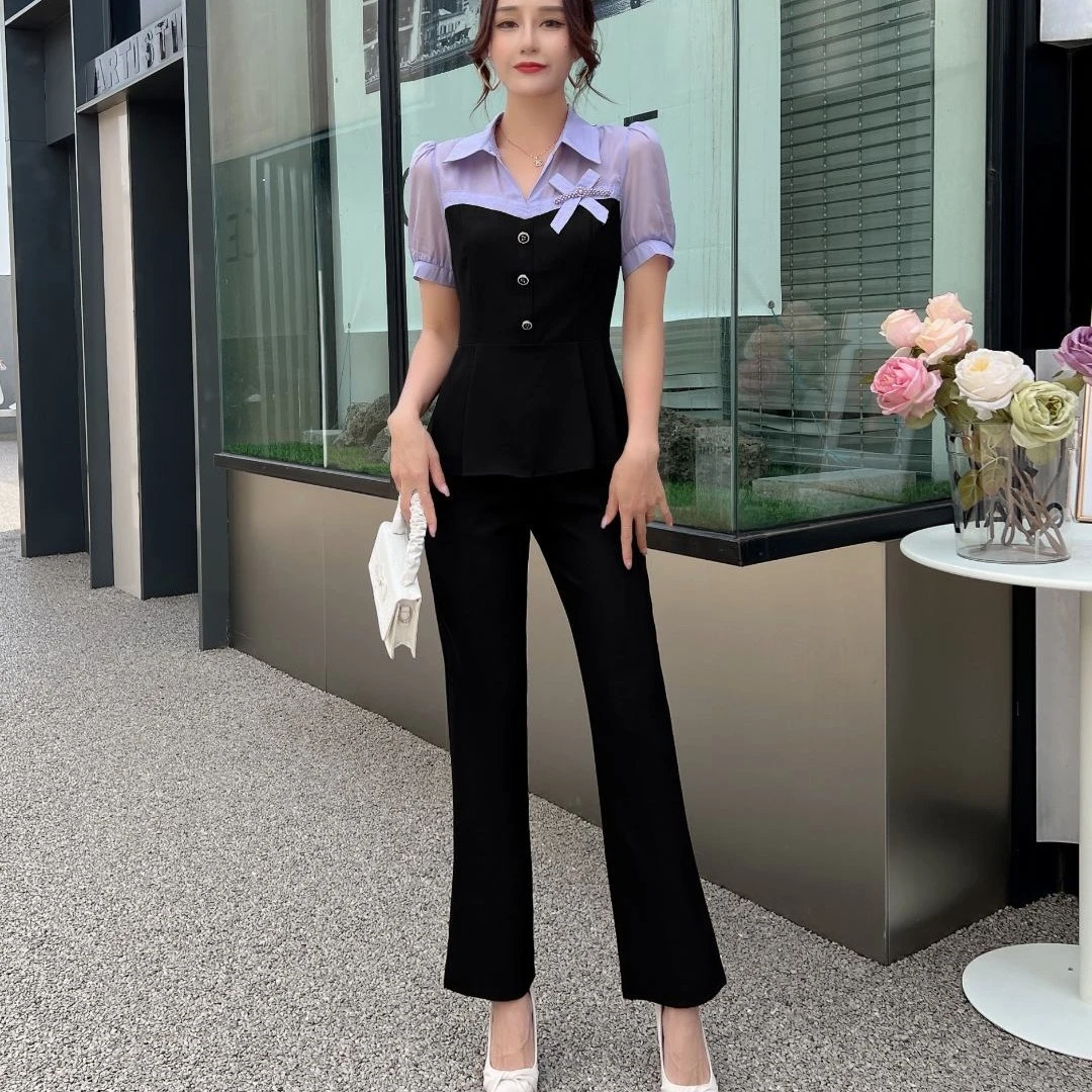 （依香精选）假两件拼接衬衫女夏季2023新款收腰显瘦上衣