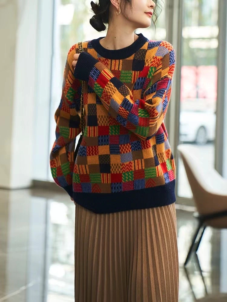 洋气外穿彩格纹拼色提花宽松显瘦针织衫毛衣上衣女秋冬5168