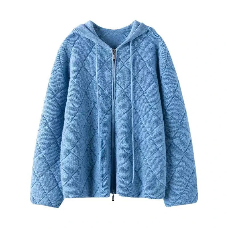 双拉链菱格连帽针织开衫毛衣冬6815