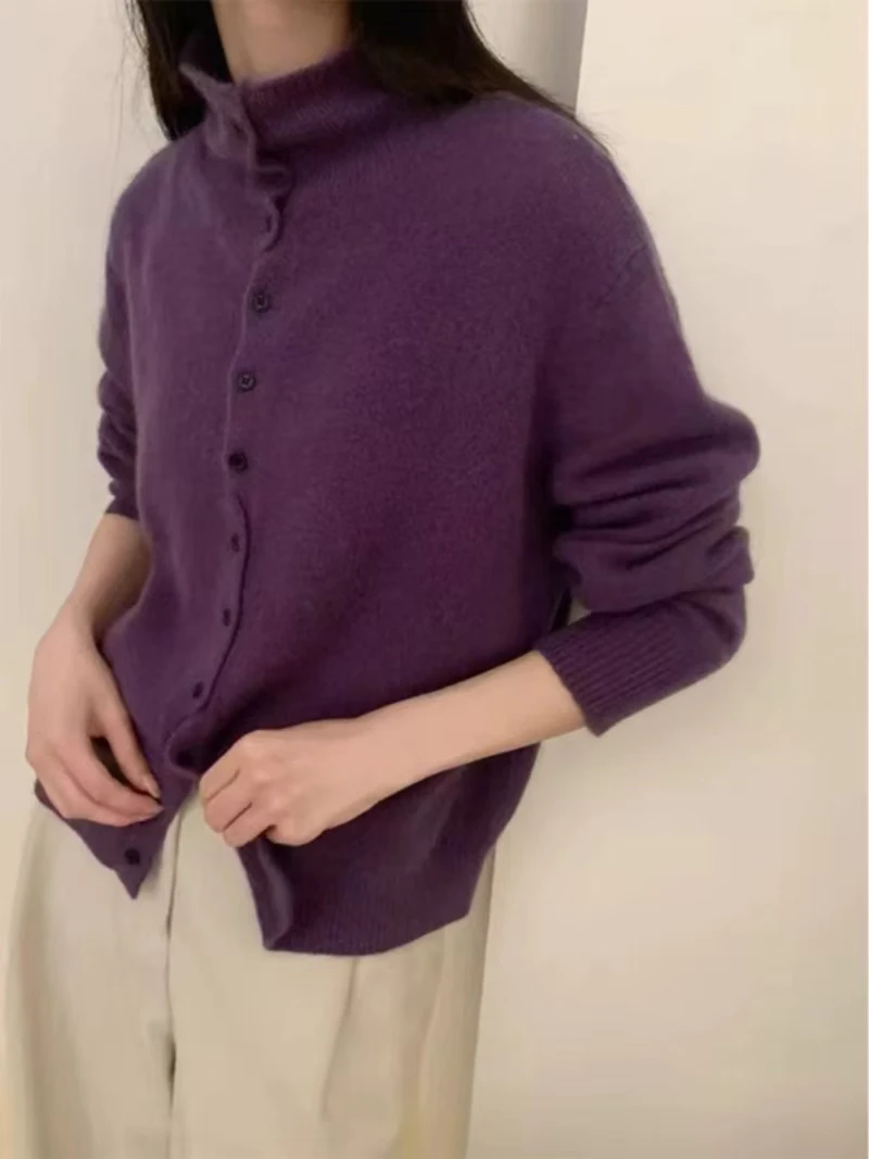 不规则扭扭门襟单排扣纯色6471女立领针织内搭打底