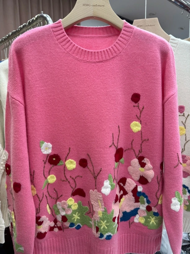 秋冬新款玫瑰花针织衫女气质百搭拼色长袖7151上衣宽松圆领套头衫