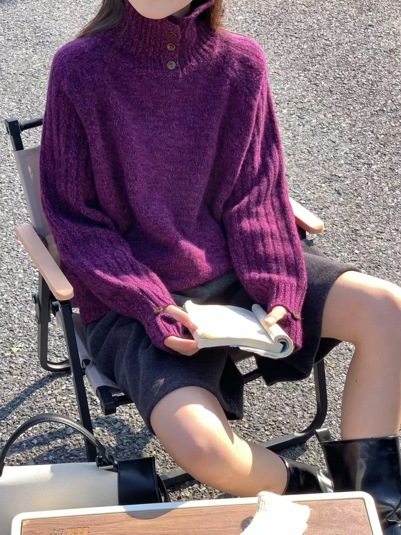 高端花纱冬季新款高领针织套头复古外套翻领毛衣5368