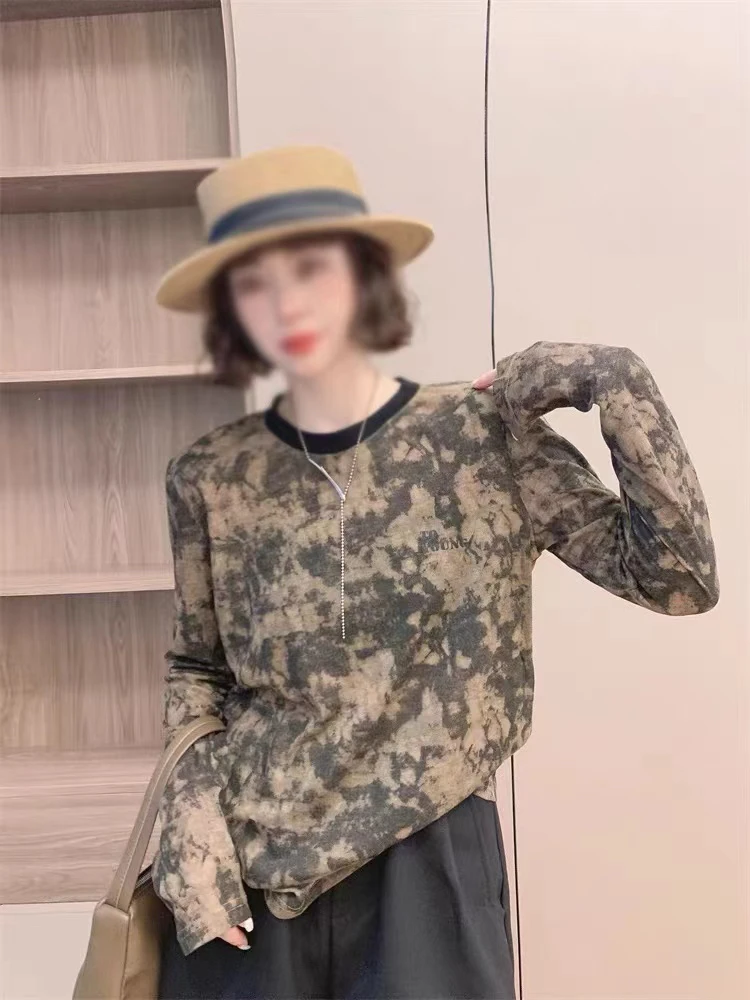 薄款水墨画扎染长袖T恤女3257休闲宽松垂感气质圆领打底上衣