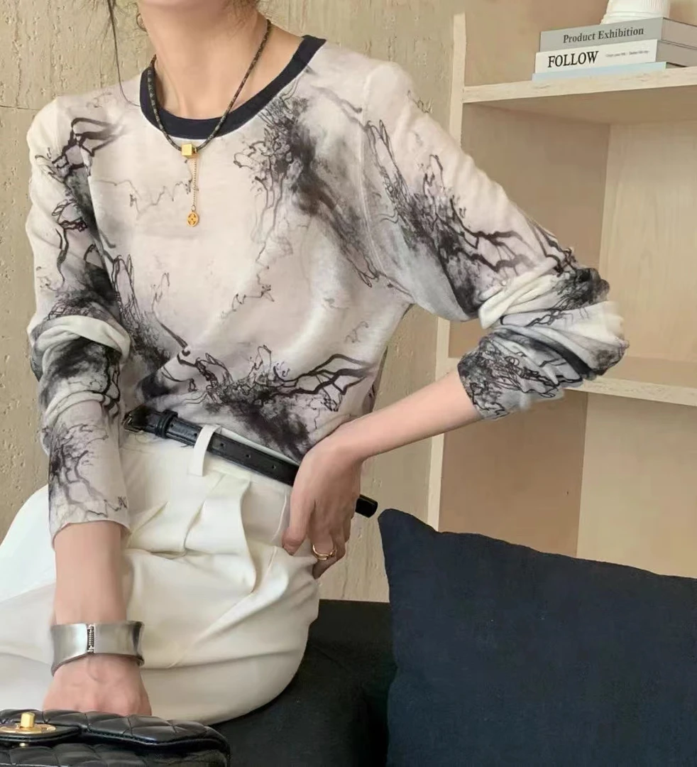 水溶印花针织衫女宽松长袖圆堆堆领2024秋冬新款薄款7441