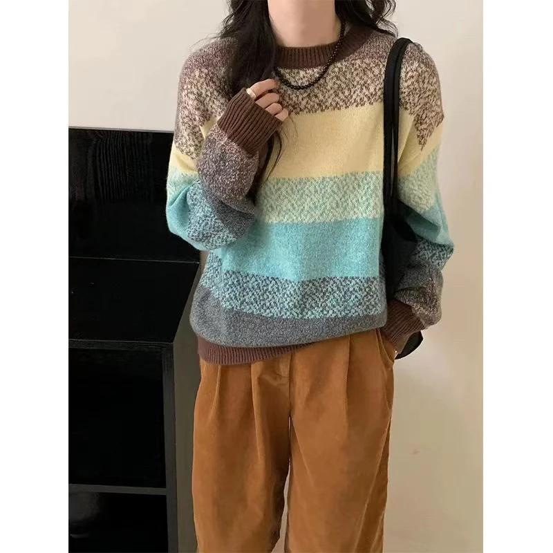 韩系慵懒风保暖圆领针织衫秋冬撞色条纹宽松显瘦软糯毛衣女6236