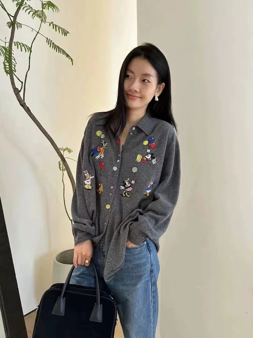 2024秋冬新款童趣刺绣女POLO领衬衫慵懒风宽松毛衣5290