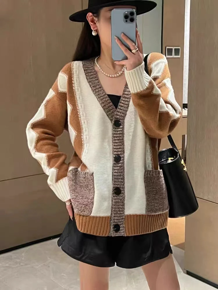 设计师品牌 手缝锁边几何提花针织开衫外套2238