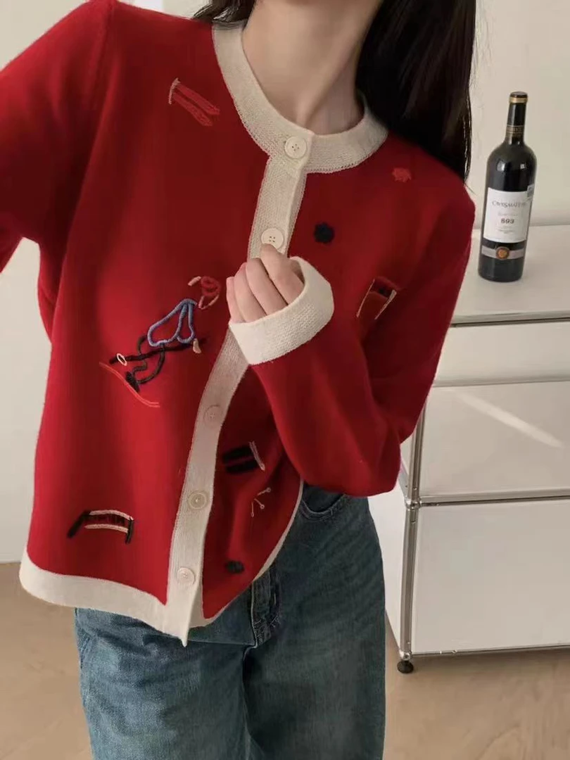 新品 氛围感 滑雪刺绣图案 拼色圆领 春款针织毛衣开衫1717