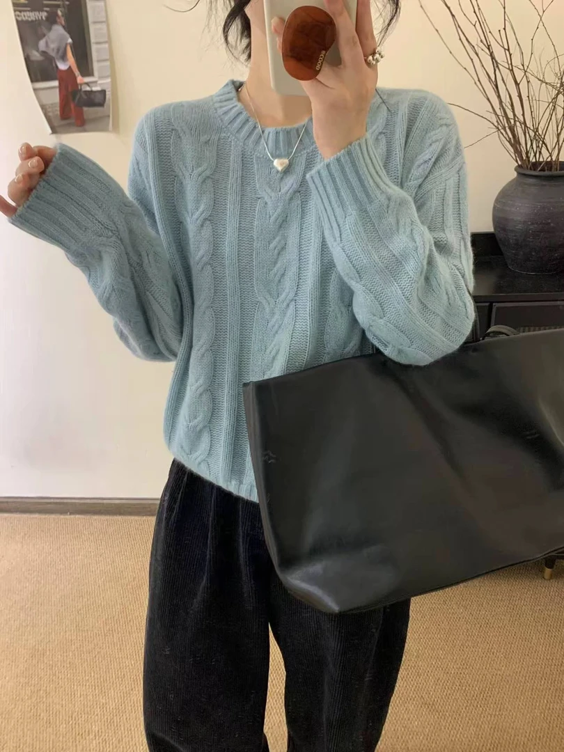 6496麻花纹纯色针织衫女欧洲站时尚慵懒风软糯百搭