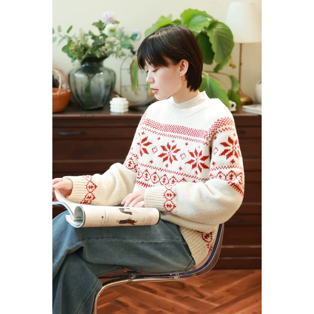 慵懒风全6735岛新年红色提花白色圆领加厚毛衣女2024冬季新款
