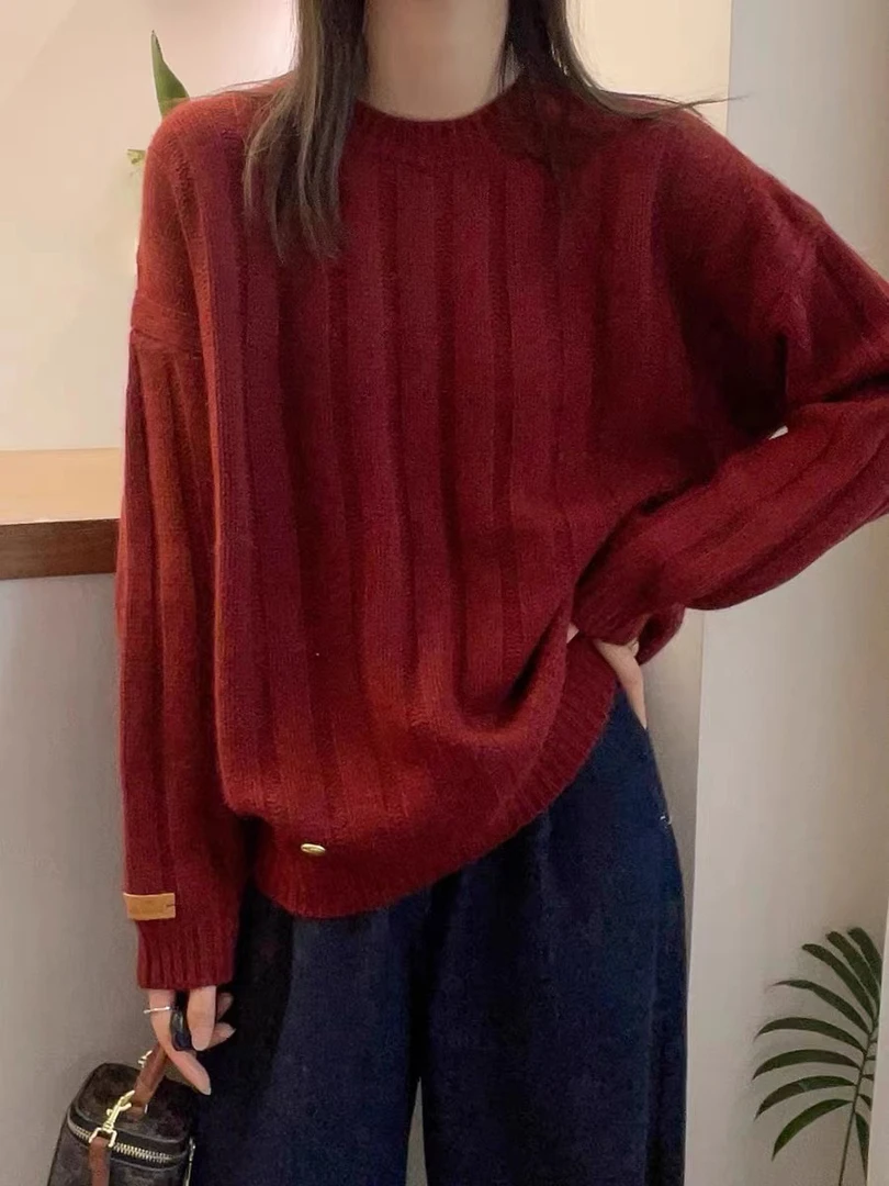 欧洲站2023冬季新款洋气时尚竖坑条袖口定标针织衫纯色毛衣1728