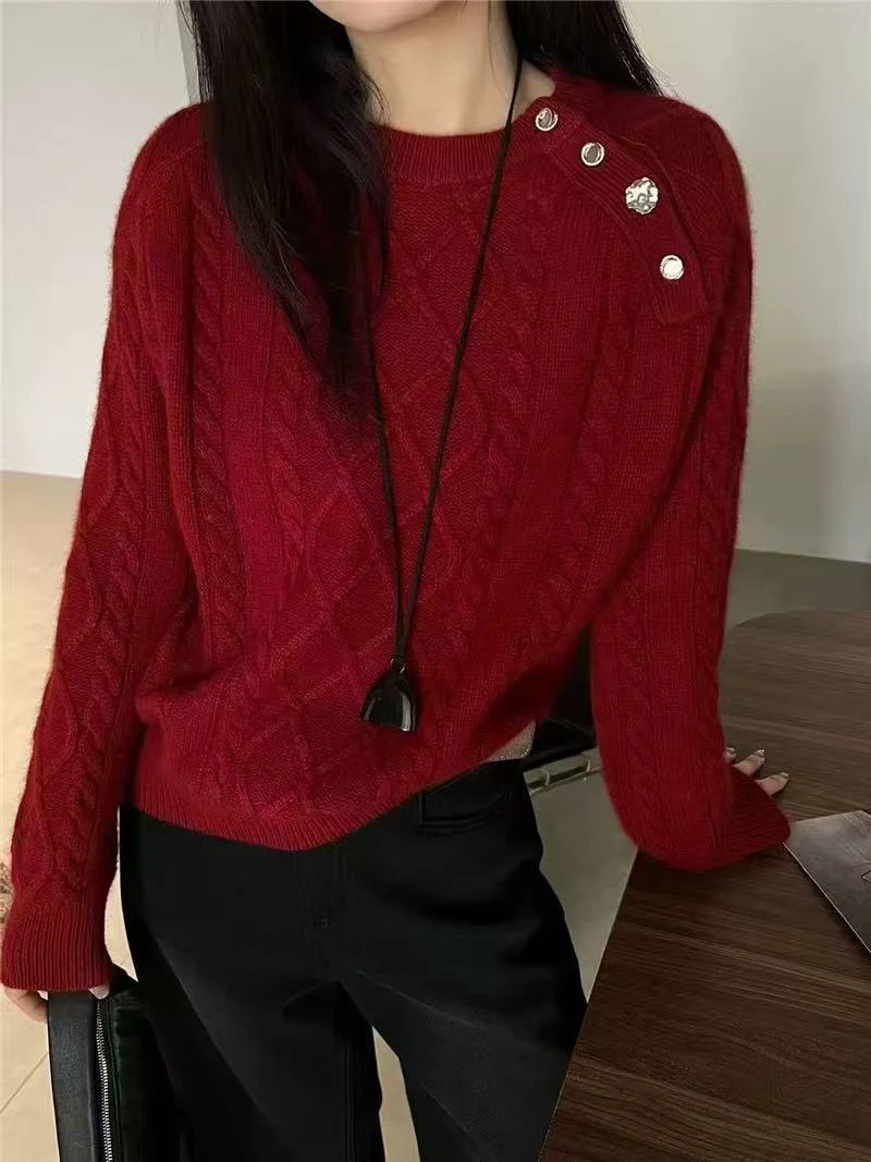 欧货新款设计感斜纽扣菱形格套头针织衫毛衣6919