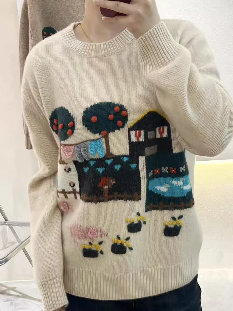 重工手绣花卡通5962套头针织毛衣女