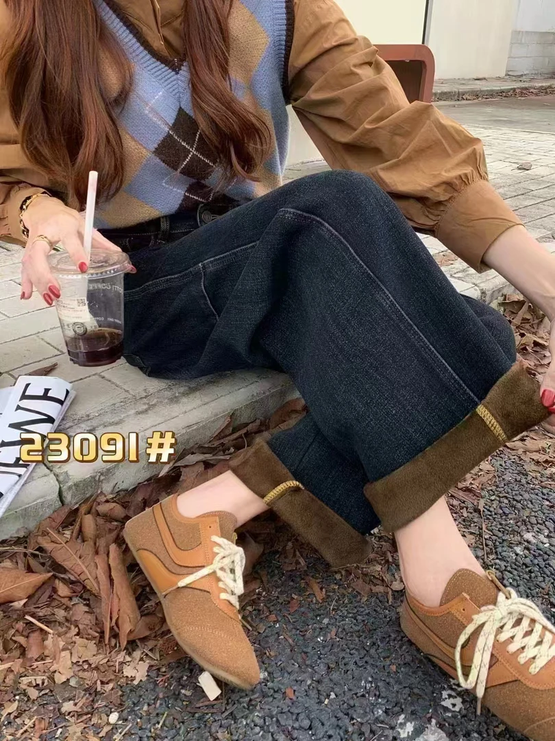 蓝灰色加绒5721牛仔裤女秋冬新高腰宽松显瘦直筒阔腿长裤子