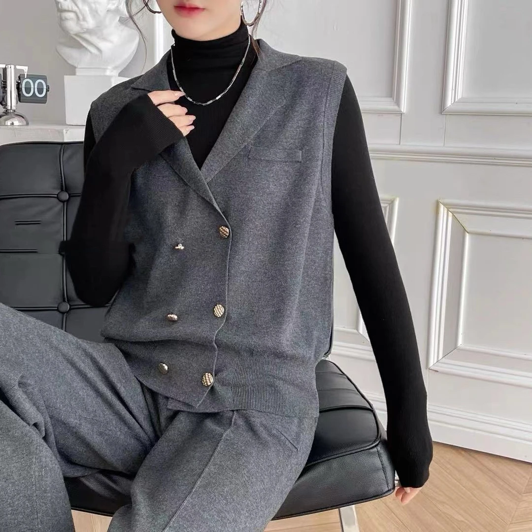 V领双排扣无袖针织马甲女叠穿内搭背心3722