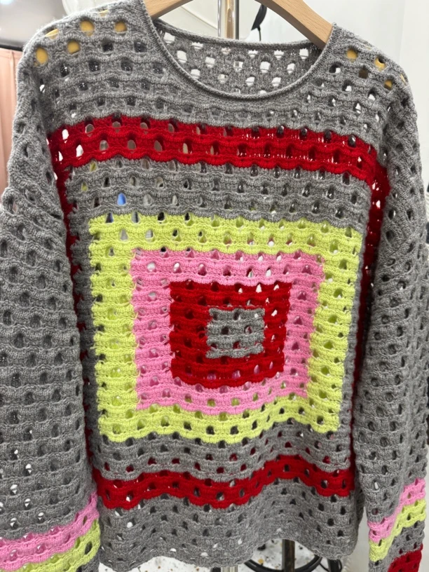 秋冬欧洲站新款时尚圆领彩色方型镂空长袖针织毛衣女休闲上衣6644