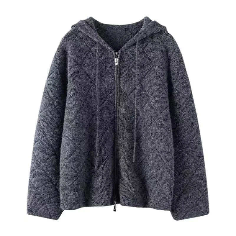 双拉链菱格连帽针织开衫毛衣冬6818