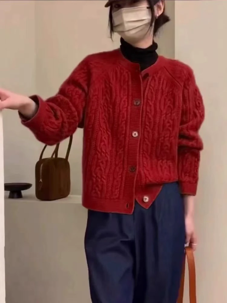 6959加厚外套纽扣长袖毛衣女宽松休闲针织开衫