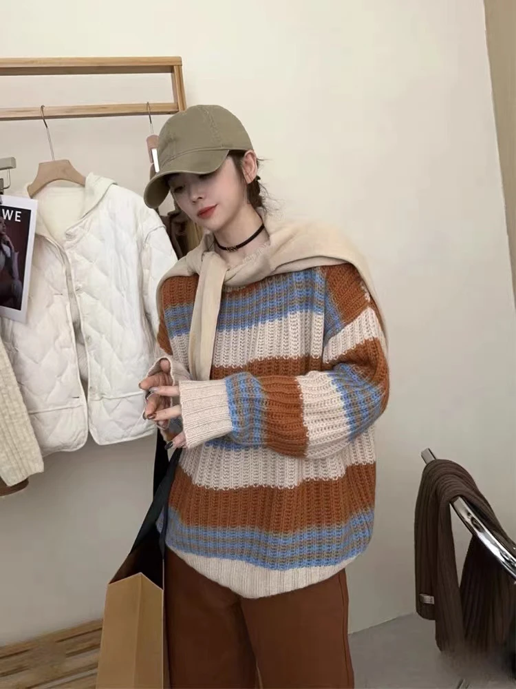 欧洲站2023冬新款慵懒系氛围感复古条纹撞色加厚1739针织衫毛衣女