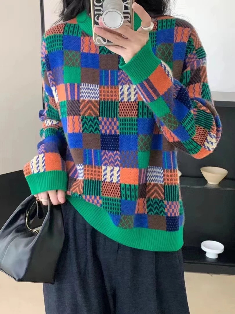 2023年秋冬新款慵懒风别致优雅潮流时尚复古格子毛衣女2957