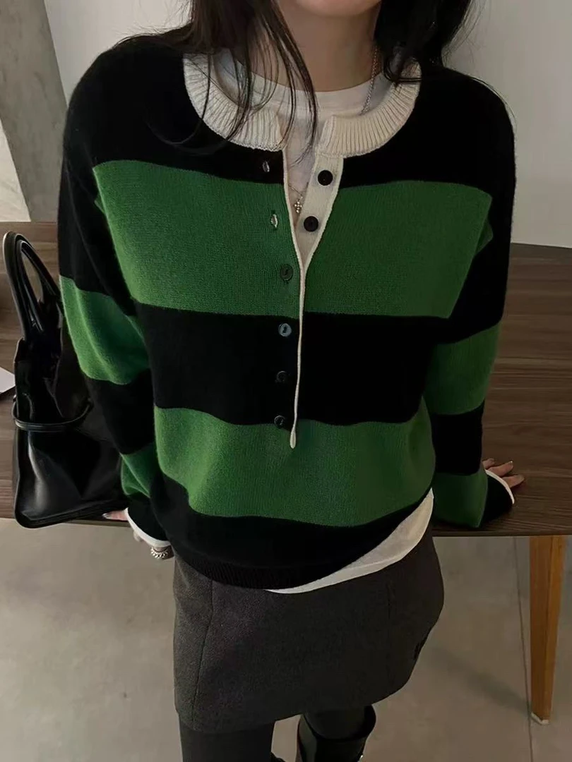 欧洲站2024冬季新款欧货圆领宽松撞色条纹软糯全6511针织衫毛衣女