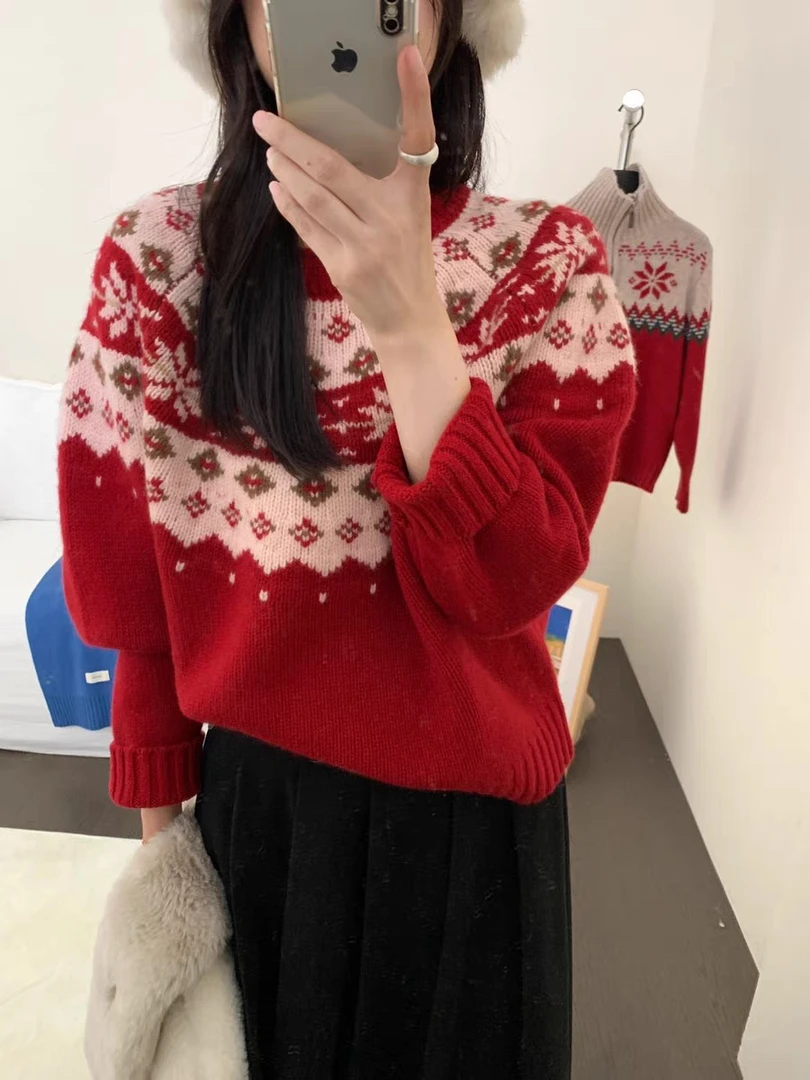 6876毛衣女装秋冬撞色多图形超好看软糯针织上衣宽松版