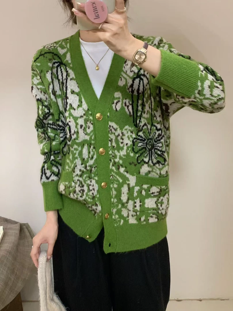 5749新款拼色提花针织衫V领长袖开衫外套女上衣