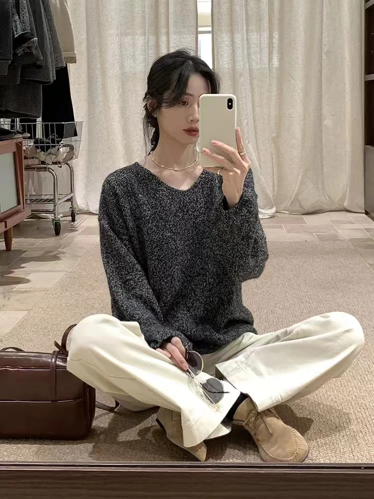 韩系慵懒风花纱毛衣女装宽松V领针织衫2024秋冬新款5215