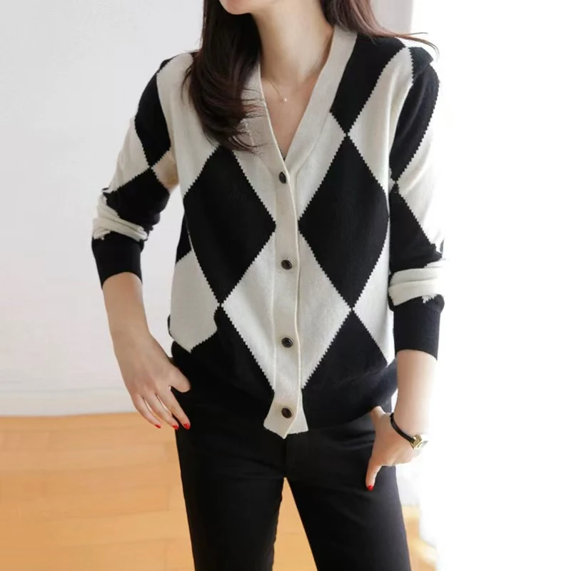 法式v领菱格6461针织衫设计感慵懒风小众毛衣秋冬季女