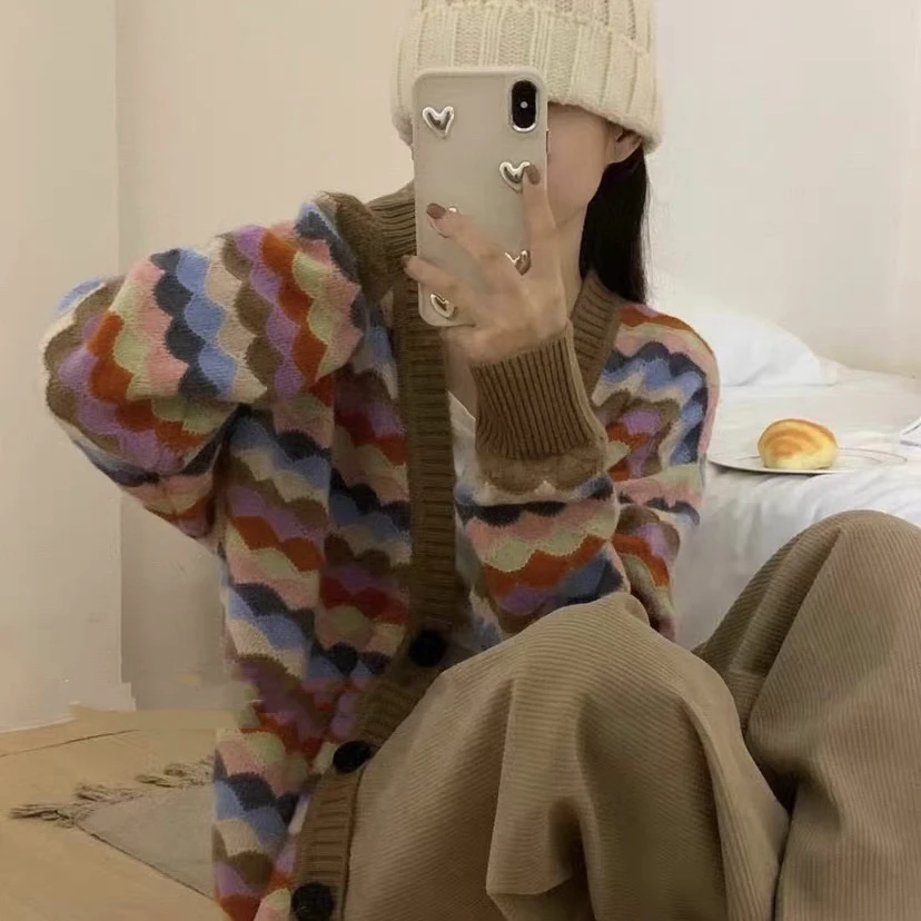 秋季新款彩色波浪条纹小众复古慵懒6275针织开衫外套女