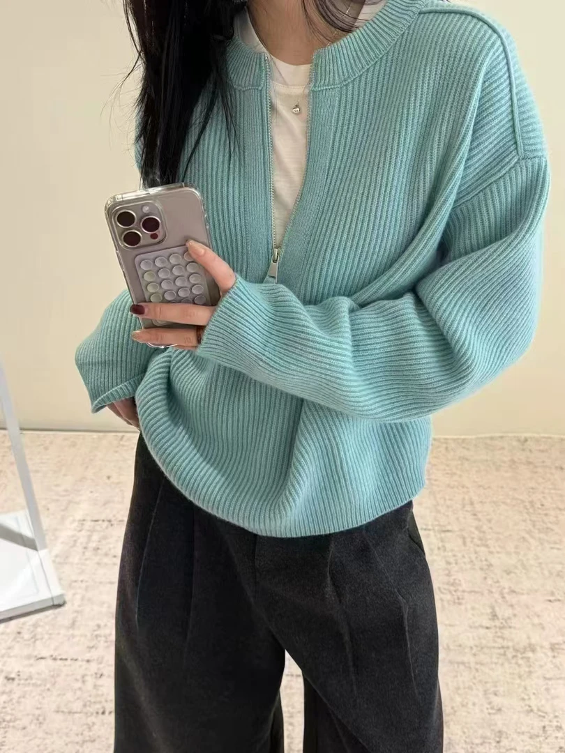 秋冬上新！2024欧货女装韩系半拉链长袖坑条针织套头毛衣女5881