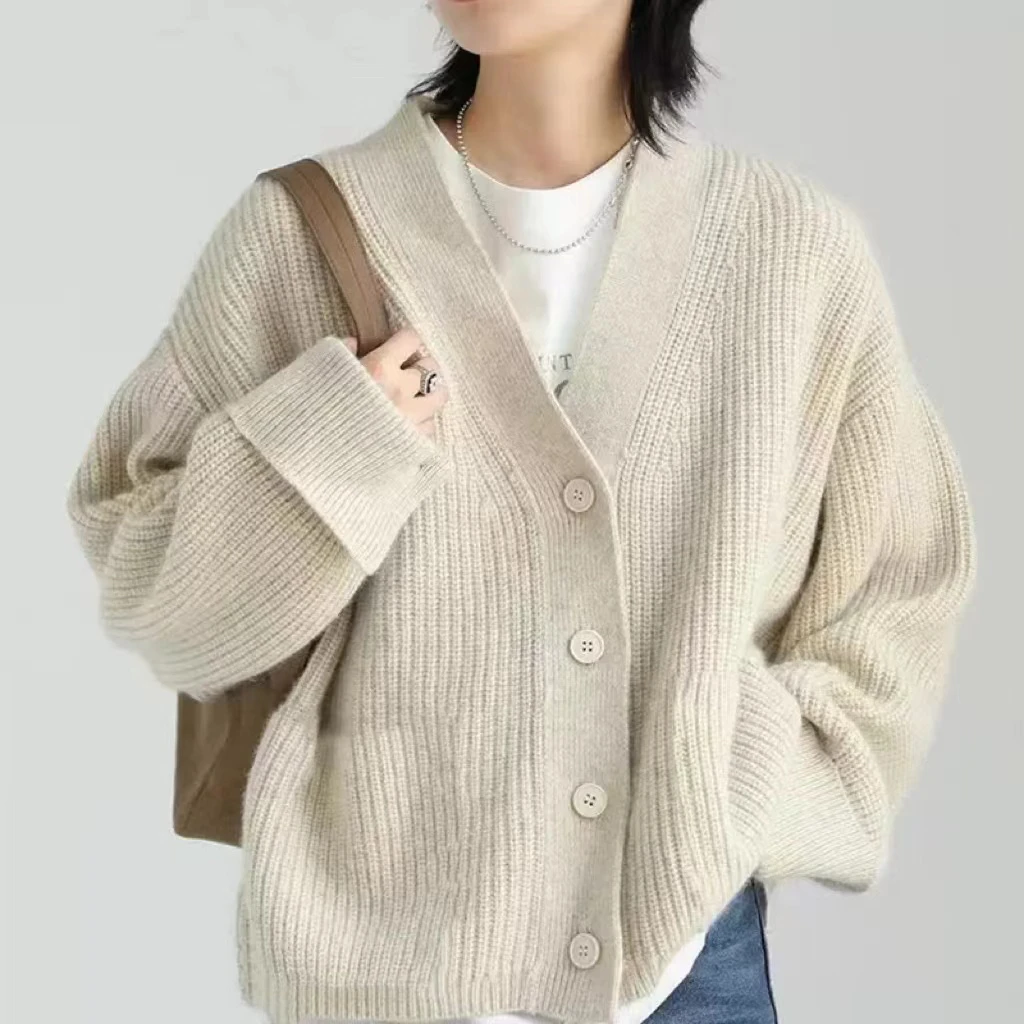 纯色V领针织开衫毛衣女韩版宽松慵懒风长袖外搭4861