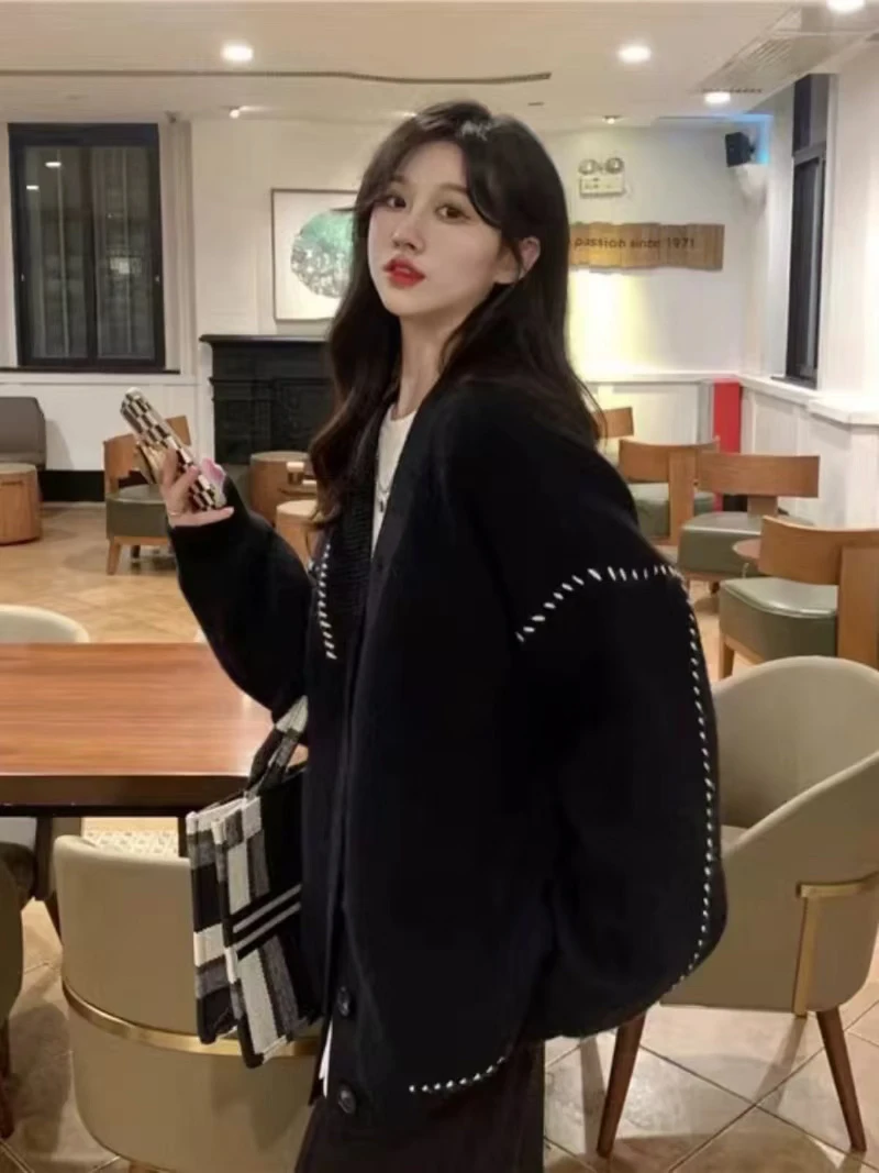 慵懒风时尚开衫外套女秋冬新款V领宽松休闲中长款针织衫毛衣5582