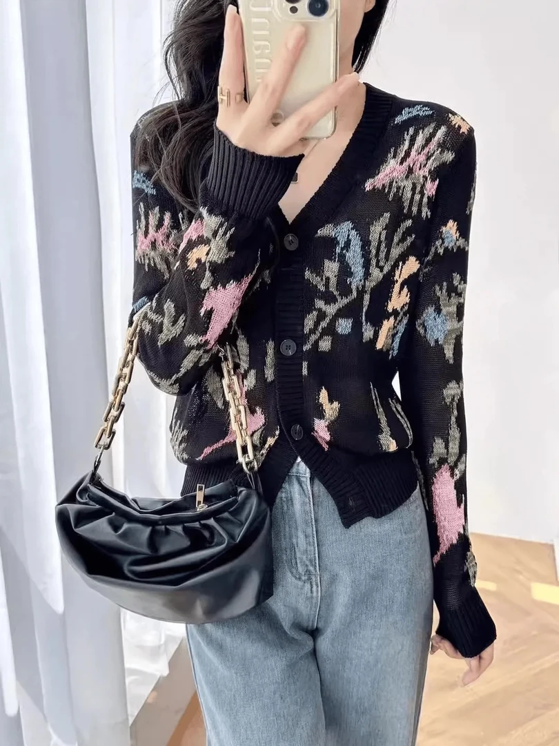 复古时尚提花v领长袖针织衫外套女夏季气质百搭开衫5732上衣外套