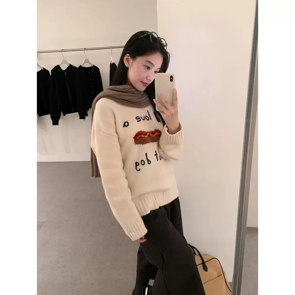 软糯圆领套头趣味提花热狗字母毛衣5851