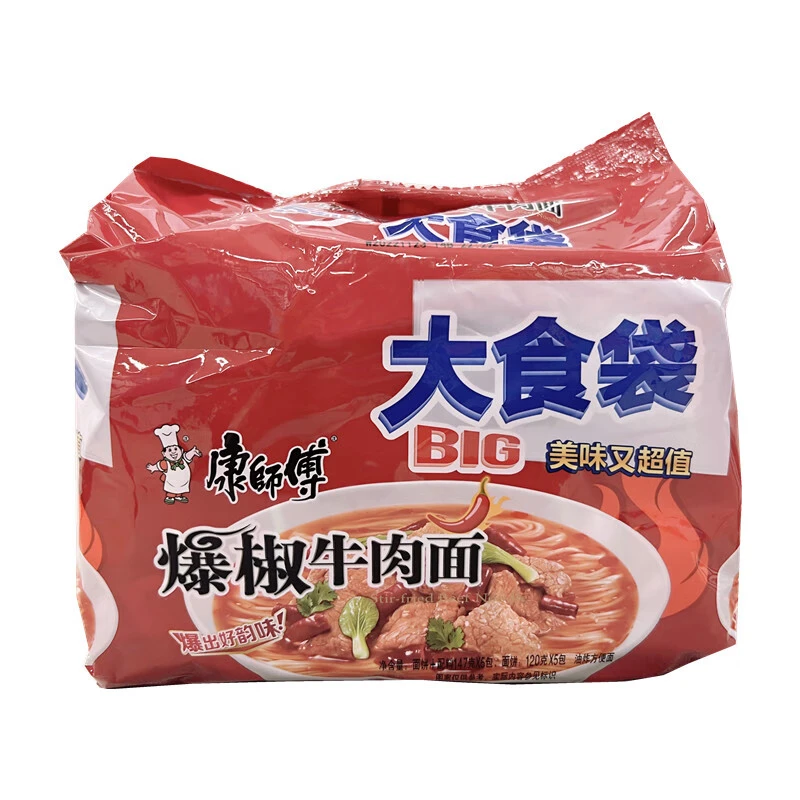 康师傅BIG大食袋红油爆椒牛肉面油炸方便面 147g*5袋/包