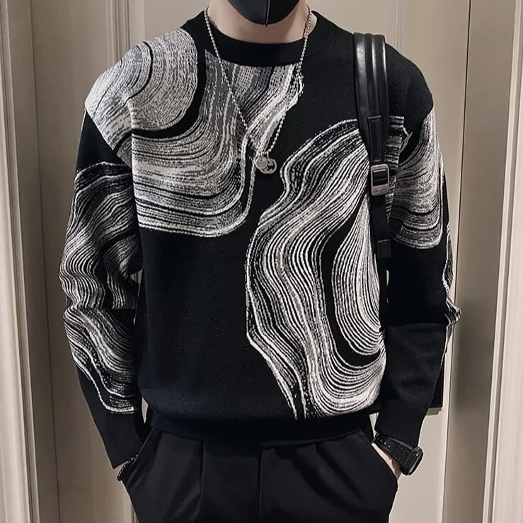 创意涂鸦毛衣男时尚提花打底衫长袖内搭2024新款秋冬男士针织毛衣