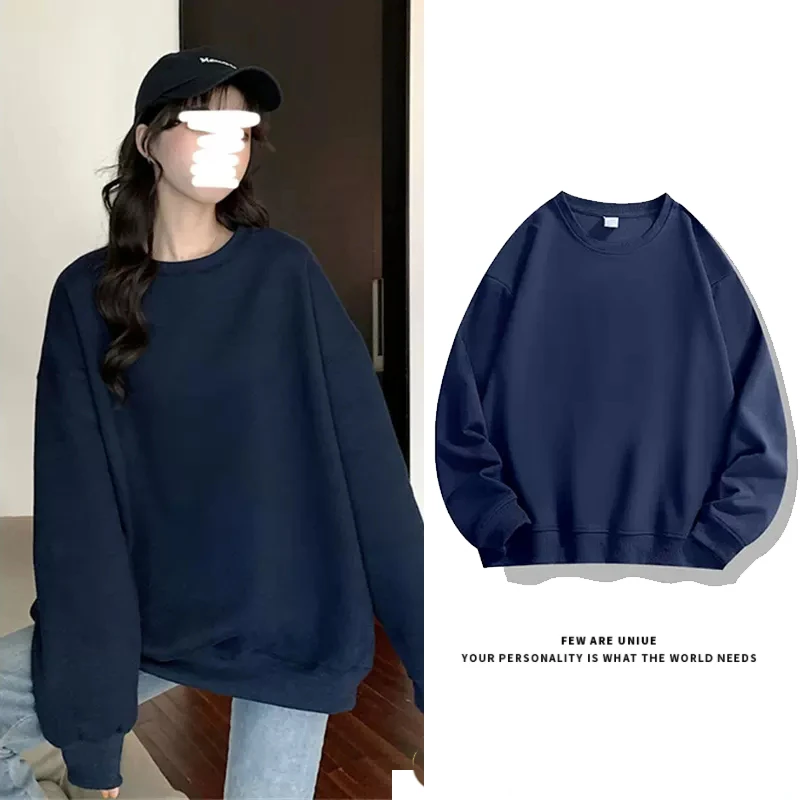 美式复古2023年秋冬季新款宽松加绒藏青色圆领百搭长袖上衣卫衣女