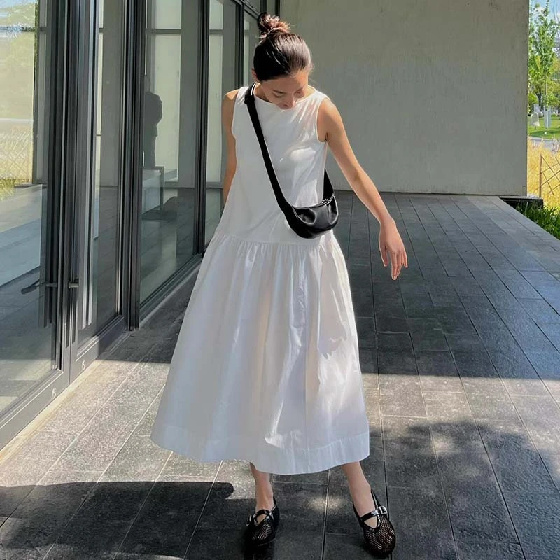 夏季新款标准版型船领缩褶拼接无袖白色裙子通勤女连衣裙30335