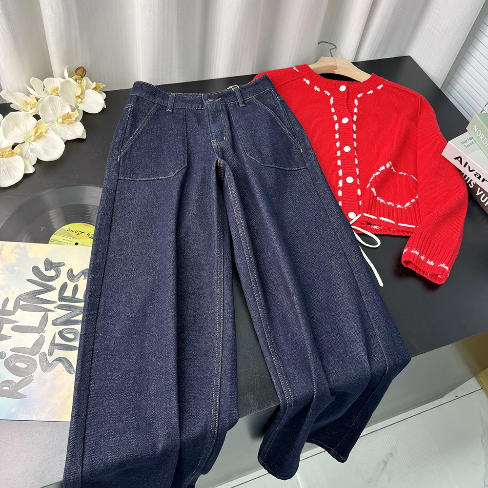 复古高腰百搭显瘦直筒加绒磨毛阔腿牛仔裤女21750