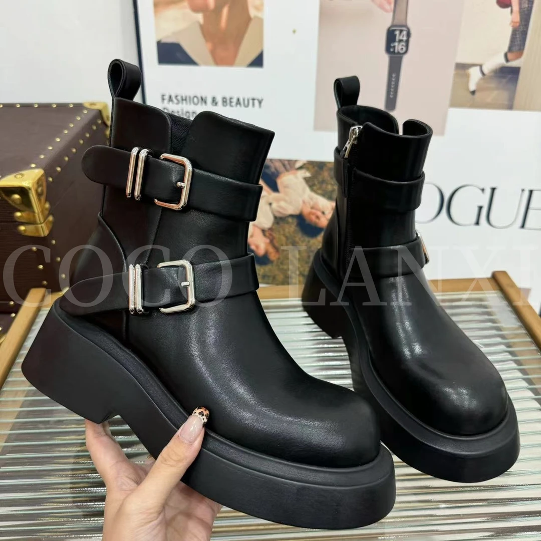 【沐风】时尚百搭黑色真皮厚底英伦风中筒靴子24XZ556LX