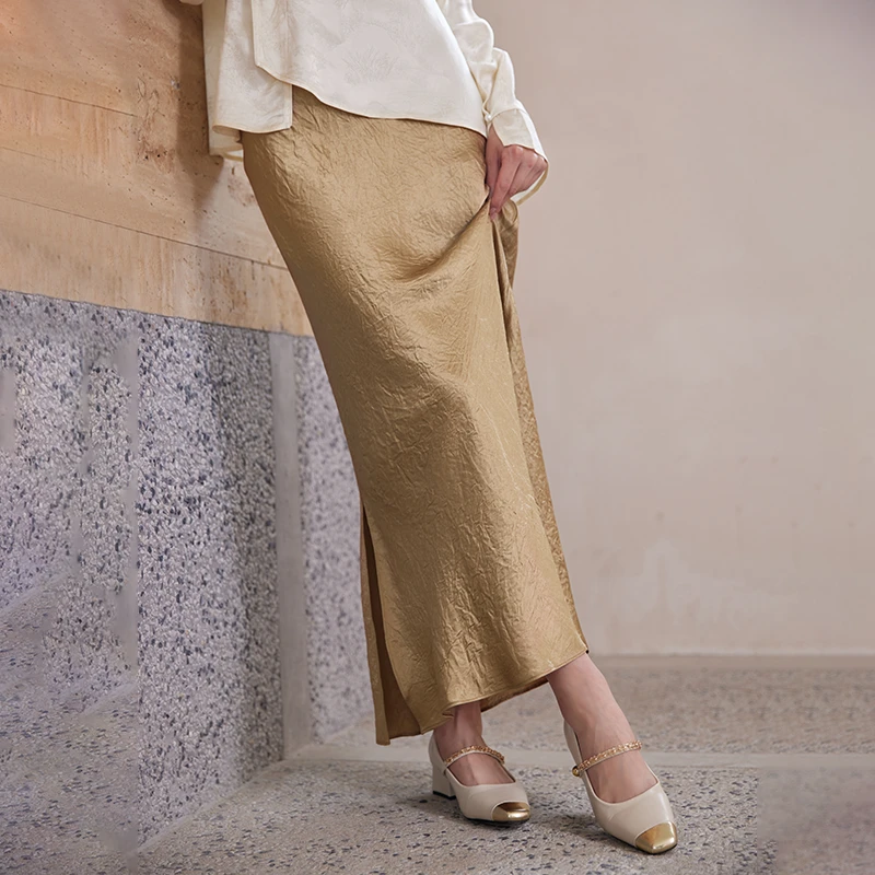 初蝉新中式国风女新款醋酸提花肌理感鎏金色高腰半身裙0306-N