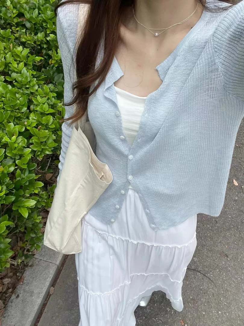 花倾慕竹节亚麻夏温柔V领针织开衫显瘦百搭防晒长袖针织衫上衣女