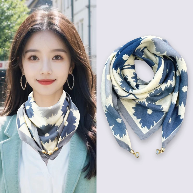 秋冬新款磁吸扣丝巾女薄款方巾懒人吊坠围巾围脖装饰时尚百搭护颈