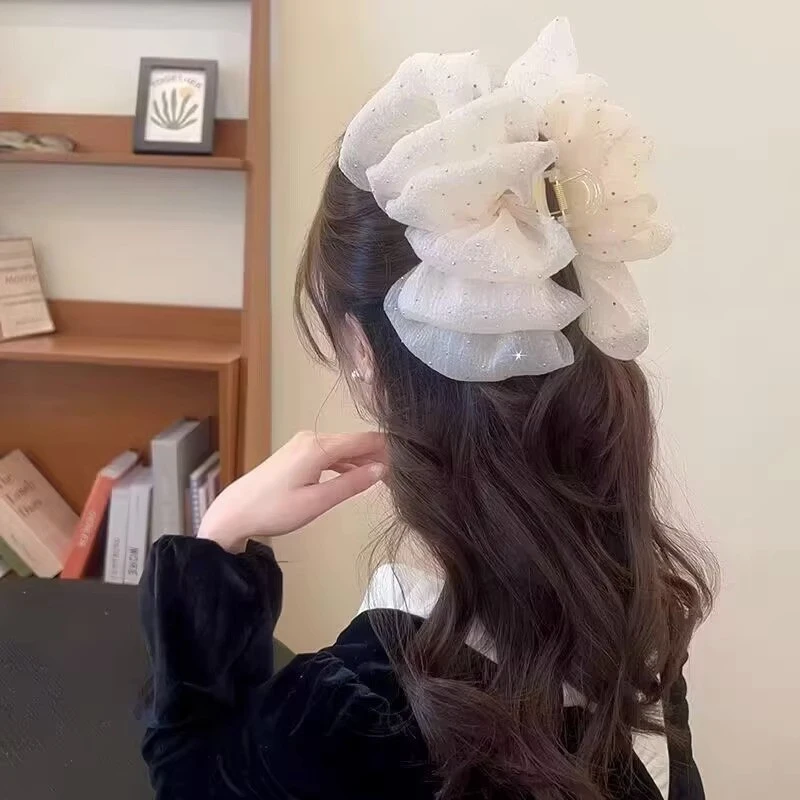 非金属发饰 新款发饰发夹女泡泡发夹甜美网纱双面蝴蝶结抓夹发夹