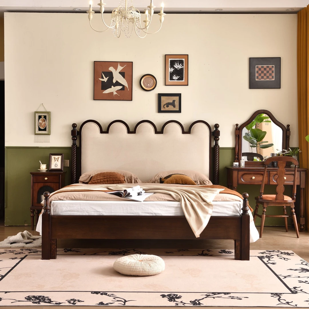 中古风美式软包简约现代主卧1.8米双人床轻奢酒店婚房房间别墅