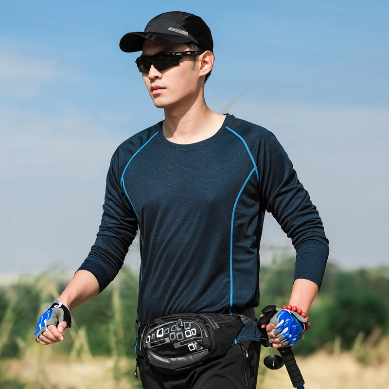 夏季男士户外速干t恤长袖薄款跑步宽松透气大码徒步速干衣长袖T恤