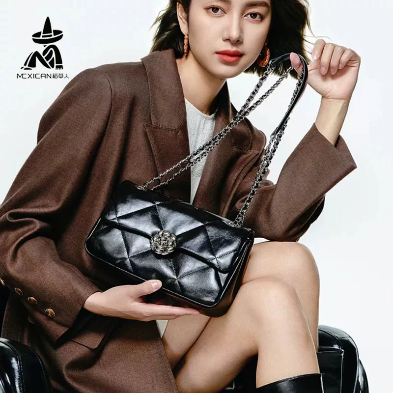 稻草人真皮女包2024冬新款山茶花小香风菱格单肩斜挎链条小方包