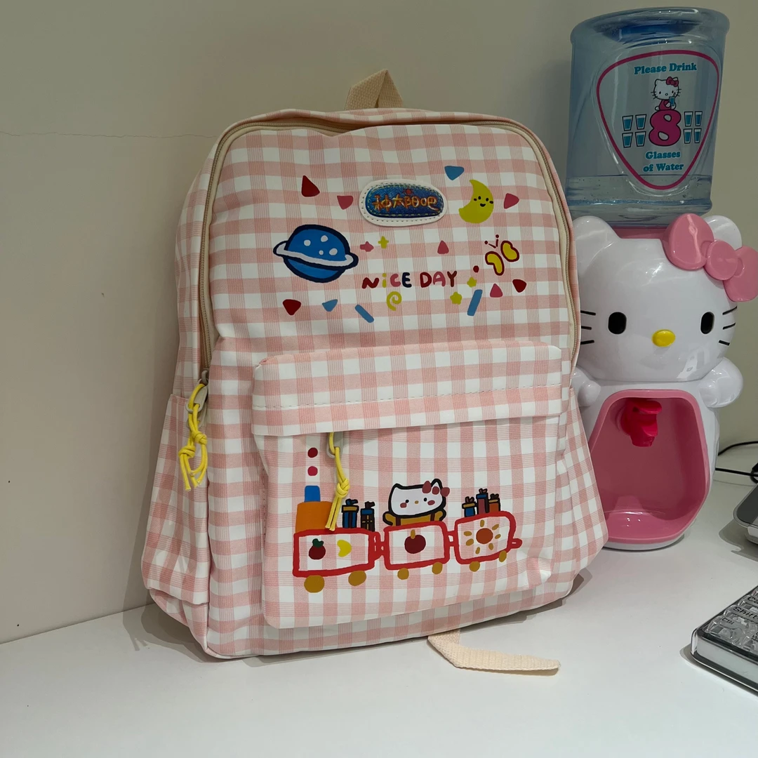 hellokitty粉色格子双肩包可爱女包时尚学生包卡通少女双肩背女生