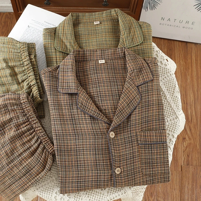 【莫奈】男士睡衣男秋冬款纯棉新款双层纱色织柔软宽松翻领格子休闲